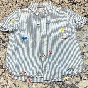 “Boden” Striped Kids Collared Shirt with Colorful Car Embroidery, Size 5-6Y, EUC